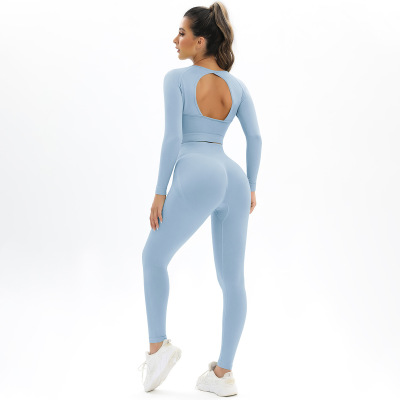 Peach Seamless Knitted Backless High Spring Long Sleeve Yoga Suit Y33