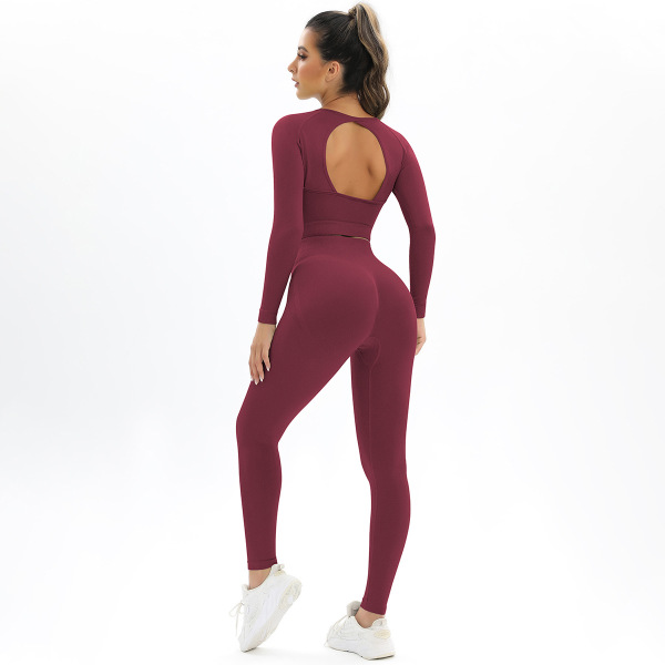 Peach Seamless Knitted Backless High Spring Long Sleeve Yoga Suit Y33