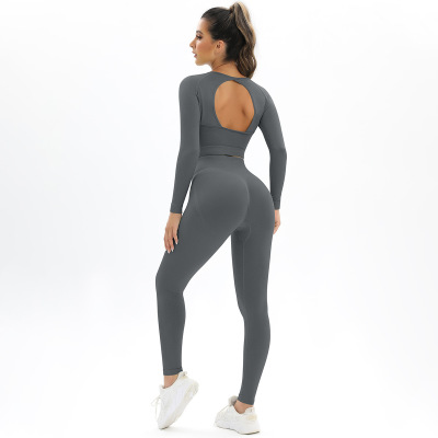 Peach Seamless Knitted Backless High Spring Long Sleeve Yoga Suit Y33