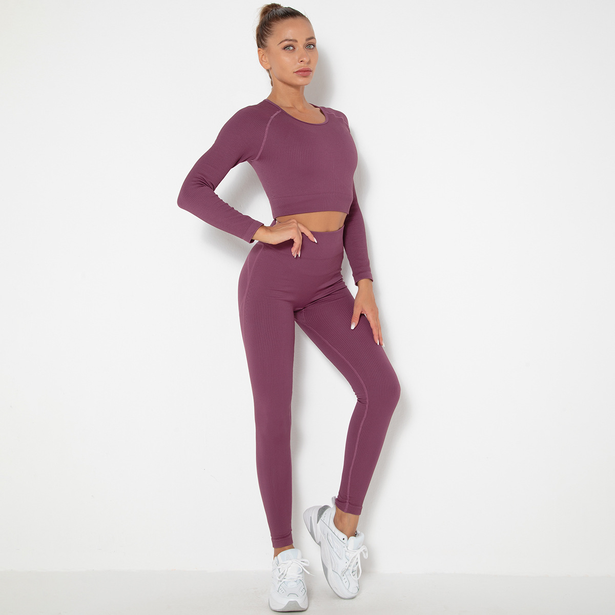 Seamless knitted striped yoga suit Y30