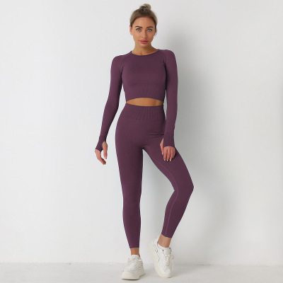 Solid color Seamless Long Sleeve pants Yoga clothes set Y48