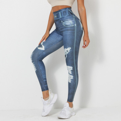 Printed Denim Blue Yoga Pants Y160
